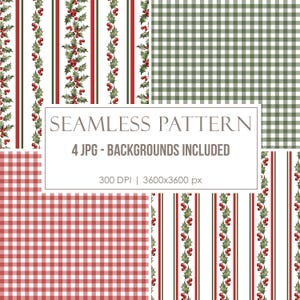 May include: A digital collection of four seamless patterns featuring red holly berries and green leaves on white striped backgrounds, alongside red and green gingham check patterns. Text reads: SEAMLESS PATTERN, 4 JPG - BACKGROUNDS INCLUDED, 300 DPI | 3600x3600 px.