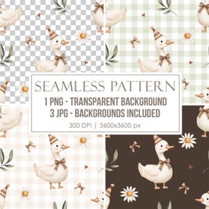 Puede incluir: Un diseño de patrón digital sin costuras con un ganso blanco con un gorro de fiesta y una pajarita, con margaritas, lazos y hojas. El diseño incluye un fondo transparente y tres fondos JPG. El texto dice "SEAMLESS PATTERN".