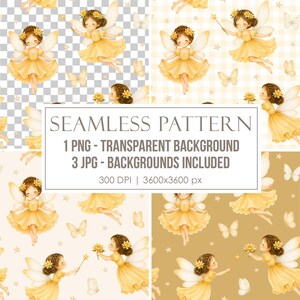 Fairy Seamless Pattern, Watercolor Yellow Fairies & Butterflies, Fairycore Digital Paper Transparent PNG