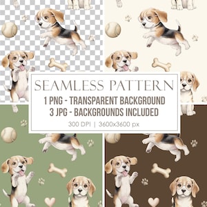 Puede incluir: Patrón sin costuras con ilustraciones de acuarela de cachorros beagle con gafas, con huesos, pelotas de tenis y huellas de patas. El patrón incluye el texto: "SEAMLESS PATTERN, 1 PNG - TRANSPARENT BACKGROUND, 3 JPG - BACKGROUNDS INCLUDED, 300 DPI | 3600x3600 px."