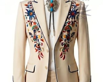Mannen 2 st ivoor aangepaste bloemen bloem geborduurde country western naaktkostuum cowboy retro smoking vintage bruiloft cocktail bruidegom outfit