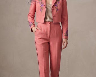Pink Floral Embroidered Women's Suit | Cropped Blazer and High Waisted Trouser Set | Elegant Western Wedding Pantsuit | Bespoke Tailored Set