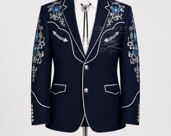 Traje de novio de 2 piezas personalizado en azul marino estilo western, esmoquin vaquero campestre con bordados florales, estilo vintage Nudie, ideal para rodeo y escenario.