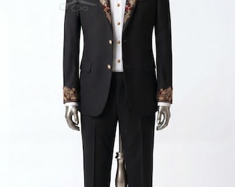 Men 2Pc Black Customized Floral Vines Hand Made Embroidered Country Western Nudie Cowboy Retro Tuxedo Vintage Wedding Cocktail Groom Suit