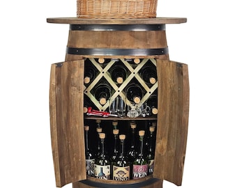 Bar tonneau en bois d’aulne wengé, meuble bar avec portes, plateau 62 cm, plateau en osier et casier à vin pliable