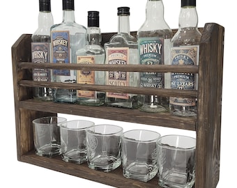Mensola whisky da parete 50x35x14, organizer in legno scuro per bottiglie e bicchieri, piccolo bar rustico loft