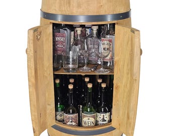 Mobile bar a botte con ante in legno di ontano, effetto rovere chiaro, minibar per vino e whisky
