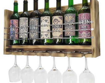 Półka ścienna na wino i kieliszki – drewniany barek z opalanego drewna 60x32x12 cm, łańcuszki metalowe