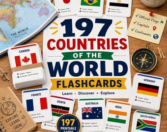 May include: A set of 197 geography flashcards featuring national flags, capitals, and continents. The collection includes a central instructional sheet, a world map, a compass, and a spiral-bound notebook. Each card displays a country name and flag.