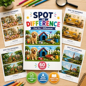 以下が含まれることがあります： 60ページのカラフルなパズルが楽しめる子供向け「Spot the Difference」アクティビティブック。表紙にはゴールデンレトリバーの子犬、青い犬小屋、様々なシーンが描かれています。中央のブックの周りに4枚のパズルシートが配置されています。