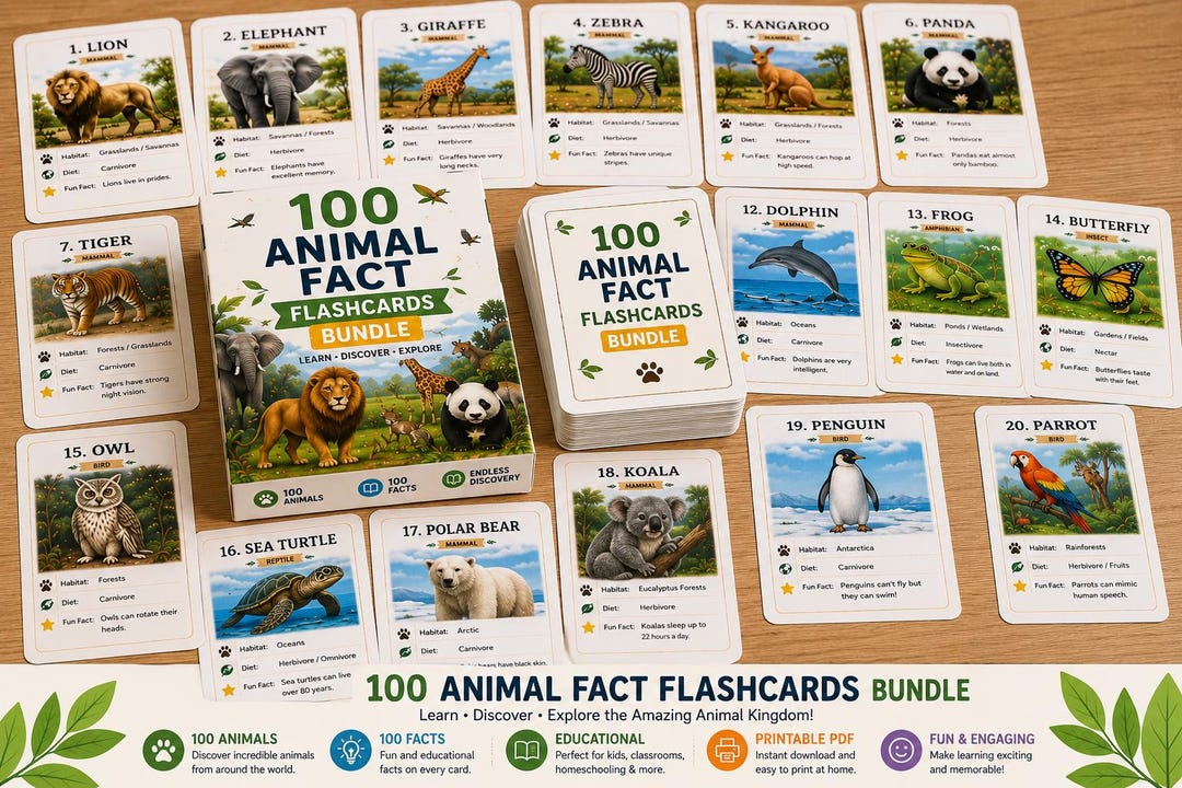 Animal Fact Card Example 100 Animal Fact Flashcards Bundle, Printable Animal Learning Cards ...