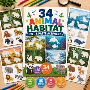 May include: A 34 Animal Habitat Cut & Paste Activities book featuring colourful text and illustrations of various animals in their environments. The cover displays a panda, an elephant, and four rectangular scenes of wildlife habitats.