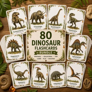Peut inclure: Un ensemble de 80 cartes mémo sur les dinosaures illustrant diverses espèces dont le Tyrannosaurus rex, le Triceratops, le Brachiosaurus, le Velociraptor, le Stegosaurus, le Spinosaurus, le Diplodocus, le Parasaurolophus, l'Ankylosaurus et le Pteranodon.