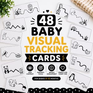 48 visuele volgkaarten met hoog contrast voor baby's | Sensorische flitskaarten voor baby's | Montessori-activiteit (PDF)