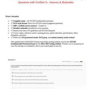 May include: A document titled ATI RN Fundamentals Proctored Exam 2025-2027 NGN Version with All Questions with Verified A+ Answers & Rationales. It lists features including NGN-style format, detailed rationales, and a sample nursing question.