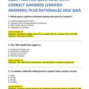 Può includere: Un documento intitolato Louisiana (LA) 7-803 Residential Roofing Exam PRACTICE QUESTIONS WITH CORRECT ANSWERS (VERIFIED ANSWERS) PLUS RATIONALES 2026 Q&A. Elenca tre domande a scelta multipla su normative e licenze.