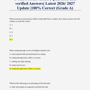 May include: A document titled Firefighter 1 Final Test, Firefighter 1, Fire 1 TEST PREP Exam | Questions and verified Answers| Latest 2026/ 2027 Update |100% Correct (Grade A) containing multiple-choice questions regarding rescue and roof cutting.