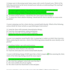 May include: A document titled ATI MENTAL HEALTH PROCTORED EXAM 2025 QUESTION AND ANSWER (LATEST UPDATE) A+ GRADED COMPLETE SOLUTION. The text contains multiple-choice nursing exam questions with specific answers highlighted in green throughout the page.
