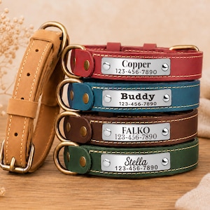 Op de afbeelding: Een collectie leren halsbanden voor huisdieren in beige, rood, blauw, bruin en groen, elk met een messing gesp en een zilverkleurig metalen naamplaatje gegraveerd met namen als Copper, Buddy, Falko, Stella en het telefoonnummer 123-456-7890.