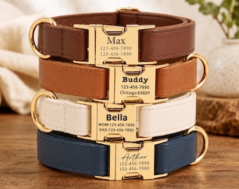 Personalized Vegan Leather Dog Collar with Name, Custom Engraved Pet Collars, Handmade Dog Accessories