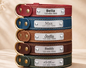 Gepersonaliseerde leren hondenhalsband, op maat gegraveerd huisdier-ID-tag, handgemaakt puppyaccessoire