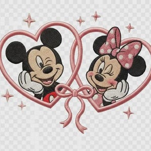 May include: An embroidery design featuring Mickey and Minnie Mouse, each inside a pink heart outline. The two hearts are connected by a pink ribbon bow. Both characters are winking and resting their faces on their hands, surrounded by small stars.