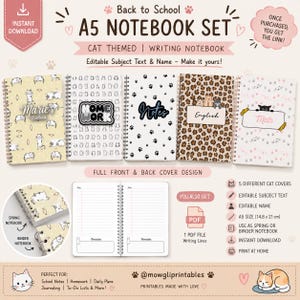 May include: A digital A5 notebook set featuring five cat-themed cover designs with editable text. The set includes spiral-bound notebook layouts with lined pages, cat illustrations, and paw prints. The text includes Back to School, A5 Notebook Set, Homework, Notes, English, and Math.
