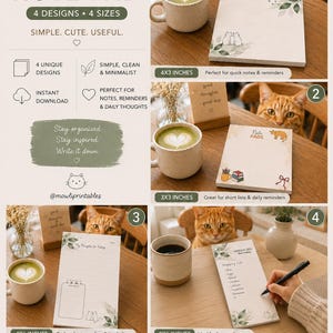 Könnte beinhalten: Ein digitales Download-Set mit vier Notizblöcken in den Größen 10x7,5 cm, 7,5x7,5 cm, 10x15 cm und 5x15 cm. Die Designs zeigen botanische Illustrationen, Katzengrafiken und Schreibwarensymbole auf einer hölzernen Oberfläche.