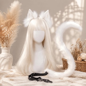 Kattenoren en -staart set, pluizig cosplay accessoire, wollige dierenoren hoofdband, schattig kattenmeisje kostuum, anime kostuum rekwisieten