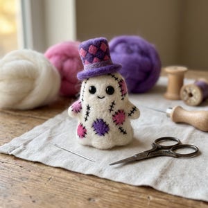 Stitched Ghost Needle Felting Kit fuzzy patchwork spirit purple check top hat cute spooky Halloween party wool craft figurine