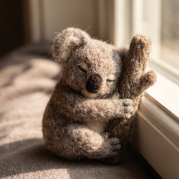 Koala Needle Felting Kit Grey Shaggy Fur Closed Eyes Clasped Tree Limb Arboreal Soft Fabric Sill Display