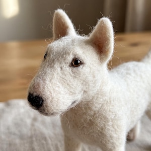 Bull Terrier Solid White Erect Oval Ears Terrier Canine Needle Felting Kit Timber Linen Fabric Tabletop Display