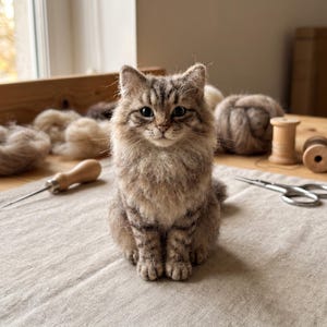 Peut inclure: Une figurine de chat tabby brun en laine feutrée avec une texture de fourrure réaliste, des oreilles pointues et des yeux sombres. Le chat est assis sur une surface en tissu beige clair, entouré de laine, d'un outil en bois et de ciseaux.