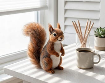 May include: A needle-felted squirrel figurine with reddish-brown fur, a large bushy tail, and a white chest. The squirrel stands upright on a white surface next to a beige ceramic mug filled with dark liquid and a glass containing wooden pencils.