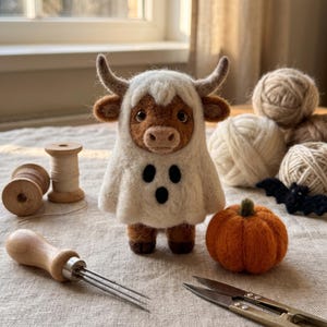 Puede incluir: Una figura de vaca highland marrón de lana fieltrada con un disfraz de fantasma blanco con tres círculos negros como ojos y boca. La vaca tiene cuernos pequeños y está rodeada de ovillos de lana, una calabaza naranja, una herramienta y tijeras.