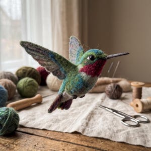 Puede incluir: Una escultura de colibrí hecha con lana fieltrada con aguja, que presenta una mezcla vibrante de fibras de lana verdes, azules y magenta. El ave tiene un pico largo y delgado, un ojo oscuro y alas extendidas, capturando una pose en vuelo.