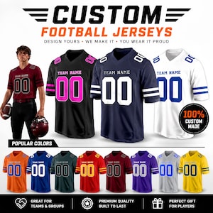 May include: Custom football jerseys featuring the text "TEAM NAME" and the number "00" on the front. The jerseys are available in various colors including black with pink, navy blue with white, white with blue, orange, and yellow.