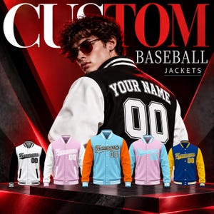 May include: A collection of custom baseball jackets in various color combinations including black and white, pink and white, light blue and orange, light blue and pink, and blue and yellow. Each jacket features snap buttons and text.