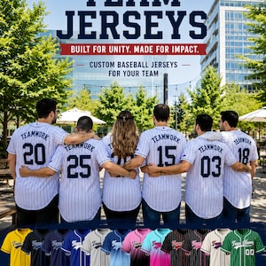 May include: A group of people wearing white baseball jerseys with blue pinstripes, the word TEAMWORK, and numbers on the back. Below, a display of various colored baseball jerseys with the text TEAM NAME and 00, plus the text TEAM JERSEYS.
