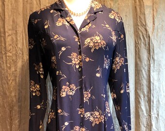 Eddie Bauer Vintage Collared Navy Blue Dress With Floral Print Ties in the Back For That Body Hugging Fit, Button Down Front W/ Long Sleeves