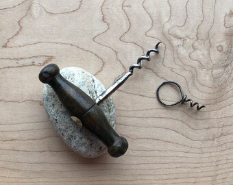 Antique Primitive Rare Late 1800s Vermont Hardwood Handle, Steel Worm Cork Screw With Brass Washer All Handmade