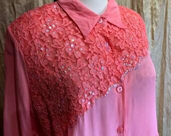 Rare Vintage 70s Square Dance Silk Blouse Fancy Shimmery Sequin Blouse with Salmon Color  Lace Trim ex. Condition Like New