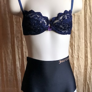 Navy Blue Sheer Floral Lace Lingerie Set With Bralette and Thongs