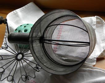 Antique Fine 1800s French Bakery Commercial Larger Size Hand Soldered Long Handled Baking Flour Tinware Sifter, Hand Turned Crank Knob