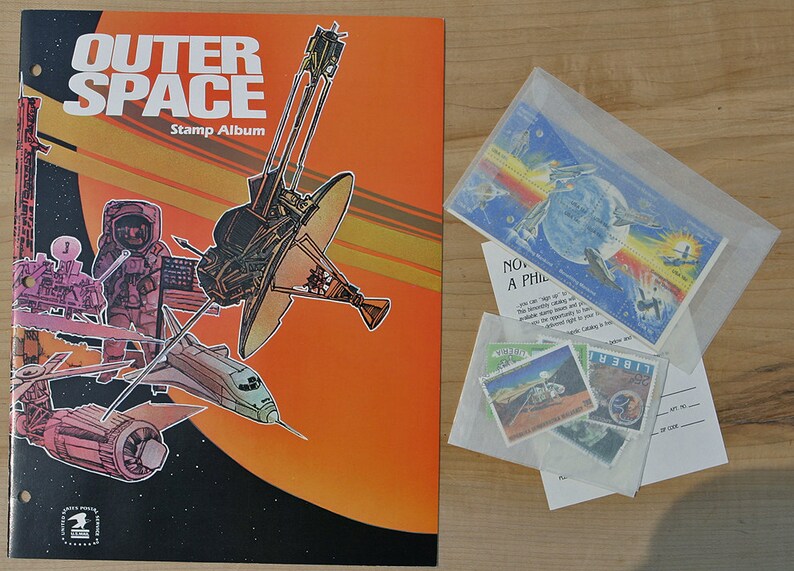 Vintage Rare United States Postal Stamps Collectors Gift MINT 1982 Outer Space Stamp Collecting Kit US & Foreign Stamps image 1