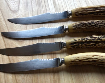 Antique rare Sheffield England 4 Piece Antler Carving Knife Set Stainless Steel parties holidays cookouts etc.