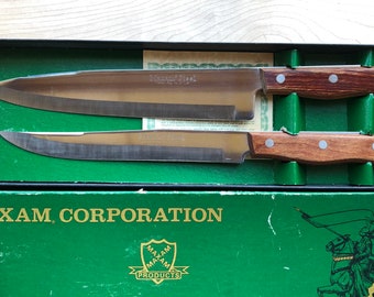 Vintage MAXAM STEEL French Chef & Carving Knife Set Unused in original Box Surgical Steel Blade with Full Tang into Hardwood Handles