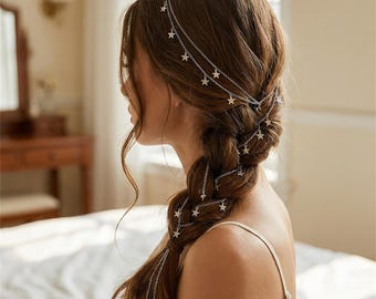 Silberne Sternhaarkette, Brauthaarschmuck, Haarrebe für die Hochzeit, Sternhaarschmuck für die Braut, Haarschmuck für Brautjungfern, Geschenk für die Hochzeitsgesellschaft