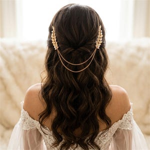 May include: A gold-toned hair accessory featuring two symmetrical leaf-shaped clips adorned with small white pearls. The two clips are connected by two delicate gold-toned metal chains that drape across the back of the hair.