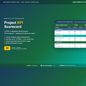 May include: A digital project KPI scorecard template with a green and blue gradient background. The template includes sections for financial, schedule, and quality KPIs, with a focus on monthly trends and auto trend analysis.